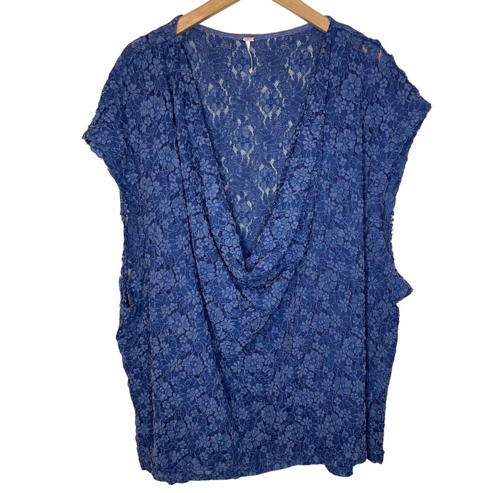 Free People Sweet Whisper Samantha Floral Blue Lace Draped Neck Blouse Top Med